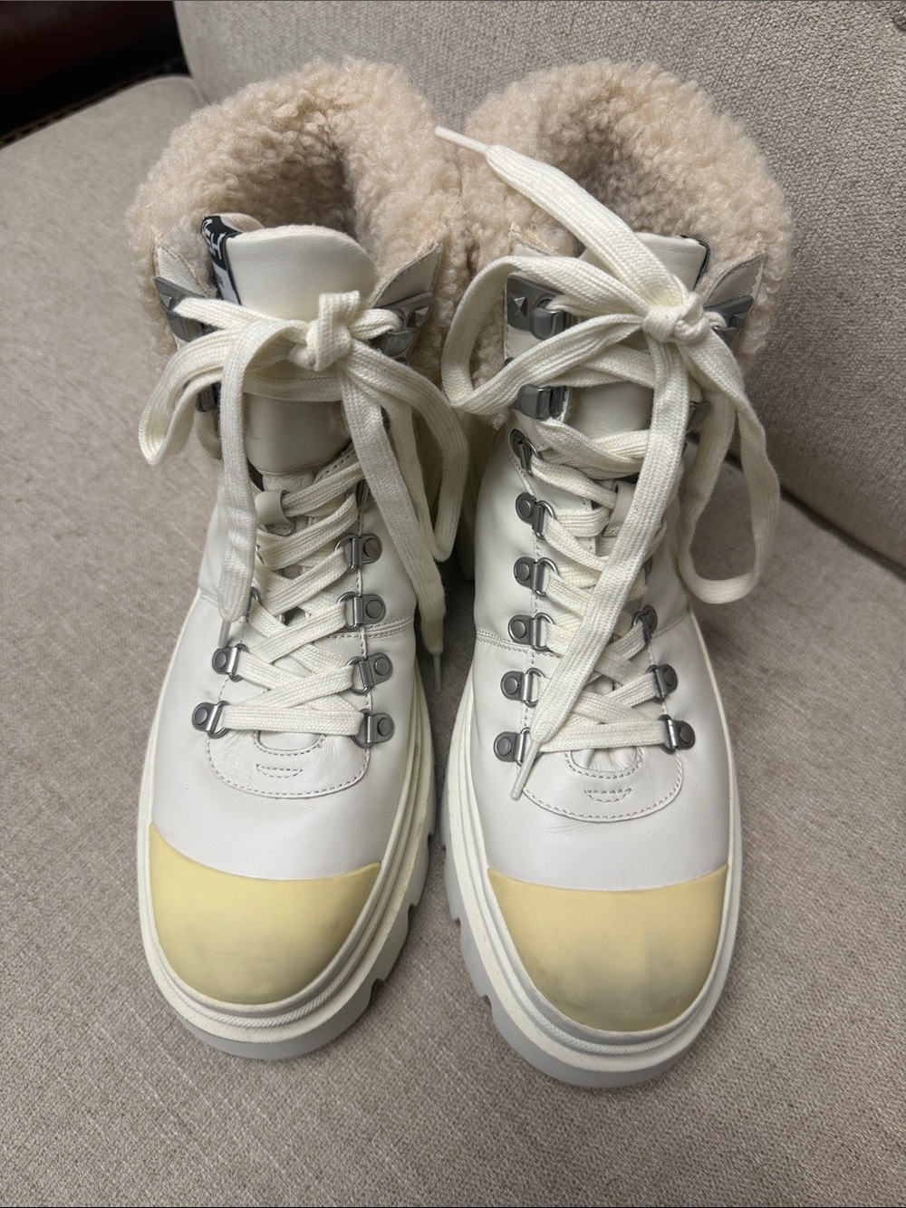 Ash White Lace-Up Shearling-Trim Boots with Cream Toe